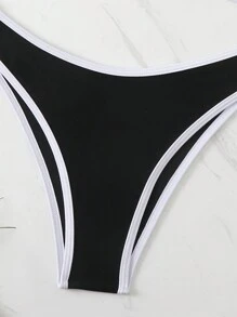 女士夏季海灘對比色環形連接性感比基尼套裝 - 黑與白 - 查看 6