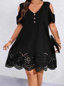 SHEIN Holidaya Plus Size Off Shoulder V-Neck Casual Summer Holiday Dress - Black - View 3