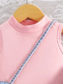 SHEIN 嬰兒女寶寶純色無袖夏季上衣配磨損牛仔短褲套裝 - 粉色 - 查看 3