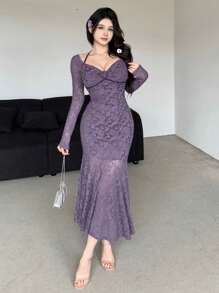 DAZY Vestido de encaje de manga larga para fiesta/boda/formal, con volantes, vestido de otoño para mujer - Morado - Ver 8