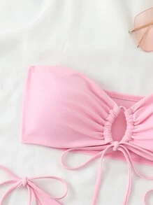 SHEIN Swim 女士夏季海滩纯色无肩带镂空抹胸比基尼套装，无线 - 淺粉色 - 查看 5