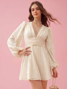 Enchnt Women's Yellow Summer Holiday Elegant Solid Color Lantern Sleeve Waist-Cinching Dress