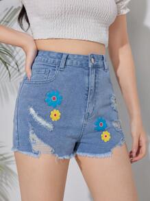 SHEIN Teen Girl Frayed Ripped Flower Pattern Tight Stretch Denim Shorts