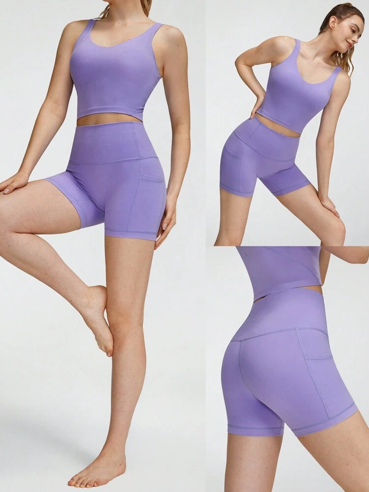 2 Pieces FeatherFit™ U-Back Cropped Active Tank & 4.3" Tummy Control Biker Shorts Set Low Impact Yoga Pilates Daily