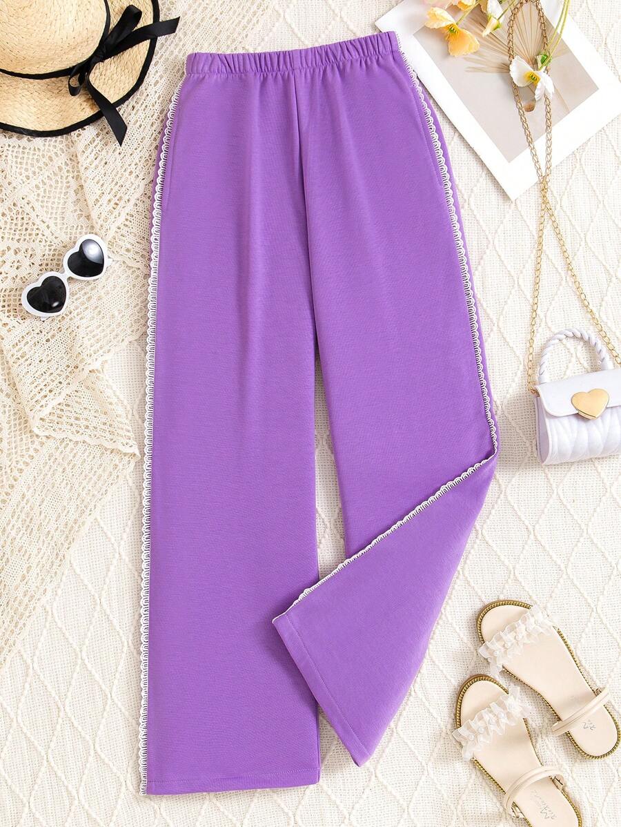 Tween Girl Korean Style Straight-Leg Lace Casual Pants - Purple - View 1