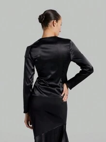 Ontre Women's Patchwork Frill Trim Asymmetrical Collar Long Sleeve Shirt