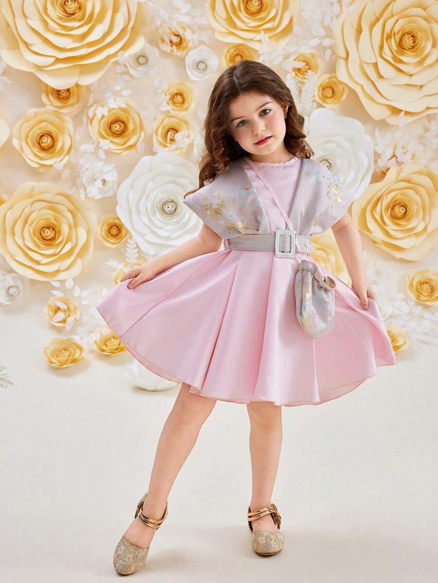 SHEIN 女婴亮片印花网纱针织衫，网纱荷叶袖连衣裙，适合各种场合。 - 粉色 - 查看 1