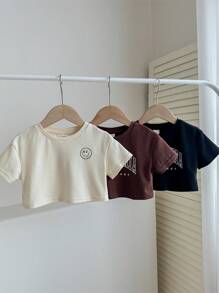 Bộ 3 áo thun ngắn tay thường ngày mùa hè cho bé gái có in chữ, bao gồm áo ngắn, áo vest trắng và quần short đen - Nhiều màu - Xem 3