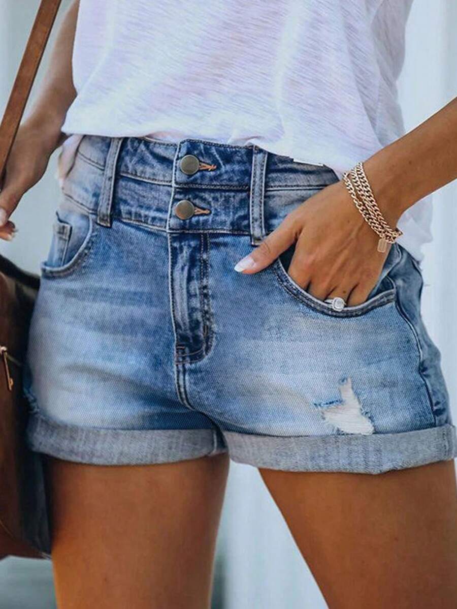 Women's Pockets Distressed Cuffed Hem Two-Button Basic Denim Shorts - Light Wash - View 1
