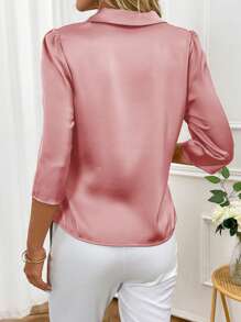 Ellevyn Women's Simple Plain Satin Shirt For Daily Wear,Three Quarter Sleeve Tops - Dusty Pink - View 2