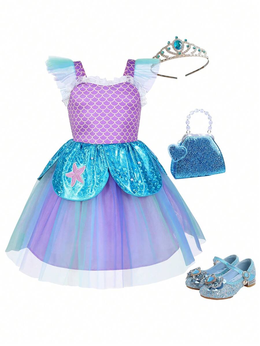 SHEIN Glamorique Kids Young Girls Mermaid Princess Formal Dress Princess Outfitkids Party Outfitblue Outfits For Girls - Multicolor - View 1
