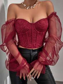 Allurite Women's Elegant Mesh And Lace Slim-Fit Top With Off Shoulder And Lantern Sleeve, Spring/Summer Fall Cloth For Women - Burgundy - View 6