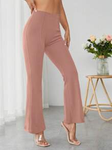 SHEIN PETITE High Waist Flare Leg  Black Pants - وردي مغبر - مشاهدة 5