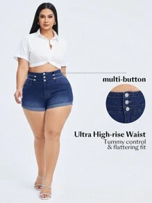 SHEIN EZwear Plus Size Women's Fashionable Denim Stretchy High Waist Design Sexy Folded Hem Shorts - Blue - View 4