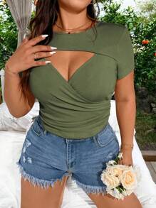Calvaya Plus Size Women's Solid Color Round Neck Short Sleeve Hollow Out Ruched Slim Fit T-Shirt, Summer - Army Green - View 1