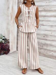Breezaya Conjunto de dos piezas de chaleco y pantalón largo a rayas con bloques de color, ideal para vacaciones y tiempo libre