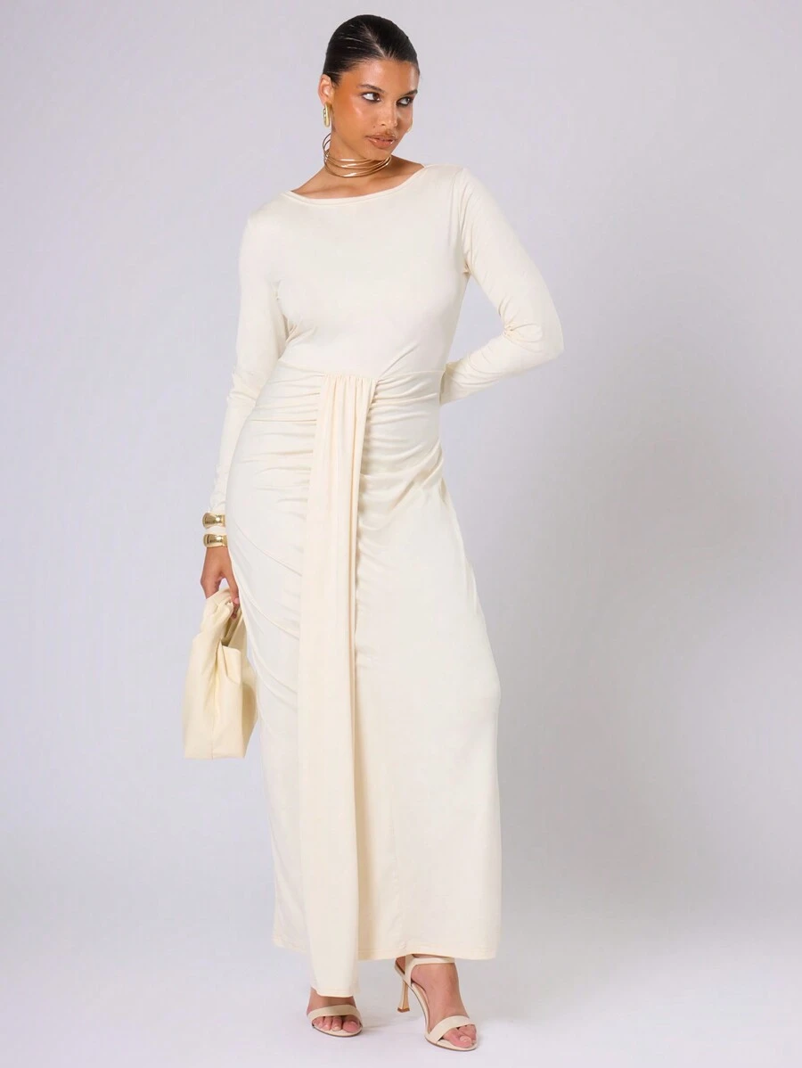 MUSERA Plus Size Slinky Ruched Drape Dress Outfit For Date Night, Romantic, Classy, Elegant, Occasion Dress, Wedding Guest, Races Flowy, Versatile - Cream - View 1