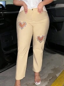 SHEIN SXY Plus Size Heart Hollow Out Rhinestone Decoration Skinny Pencil Pants - Apricot - View 3