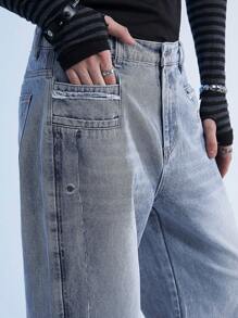 Manfinity Roghcode Y2K Vintage Street Style Men's Light Blue Baggy Jeans With Special 3D Tailoring Design - Light Wash - View 7