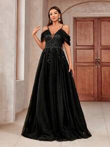 Open Shoulder Mesh Panel Floor-Length Elegant Wedding Dress - Black - View 6