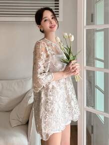 DAZY 女士宽松蕾丝短袖衬衫夏季外出上衣，荷叶边透明 - 米色 - 查看 10