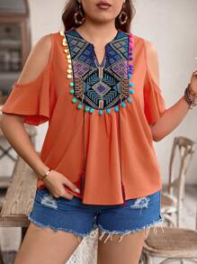 Breezaya Plus Size Women's Stylish Open Shoulder Shirt With Colorful Print And Pom Pom Decor