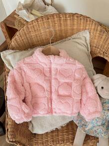 SHEIN LMoss Kids LMoss 女婴可爱休闲毛绒立领夹克，带心形图案，非常适合秋冬季 - 粉色 - 查看 10