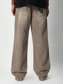 SUMWON Pantalón vaquero de corte holgado con gráfico impreso en el bolsillo trasero, detalle LA