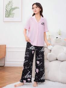 SHEIN Teen Girl's Knitted Comfortable Loose Shirt Collar Short Sleeve Top With Heart Pattern Long Pants Casual Homewear Set - Baby Pink - View 3