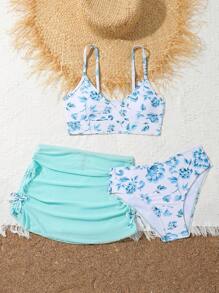SHEIN Conjunto de bikini separado de 3 piezas para niña preadolescente, estampado aleatorio para playa de verano - Verde - Ver 5