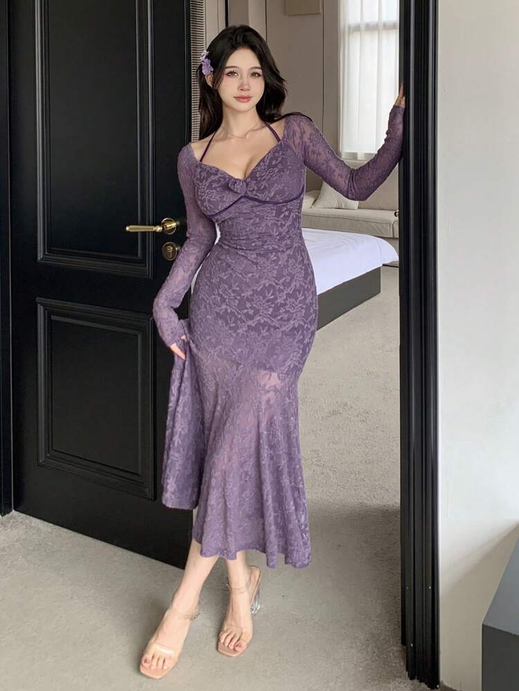 Women's Lace Long Sleeve Party/Wedding/Formal Dress,Ruffle,Fall Dress