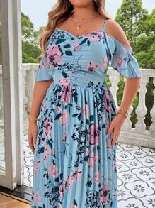 Flirla Plus Size Floral Print Pleated Spaghetti Strap Summer Holiday Casual Dress - Blue - View 5