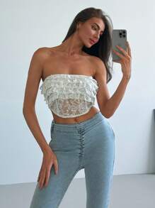 Aloruh Romantic Date Strapless Lace Crop Top With Multi-Layered Lace And Fishbone Fitted Design For Women