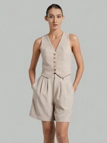 Ontre Ladies' Solid Color Pleated Shorts - Khaki - View 1