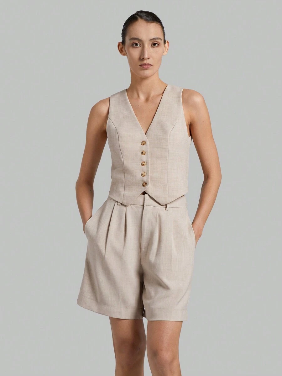 Ontre Ladies' Solid Color Pleated Shorts - Khaki - View 1