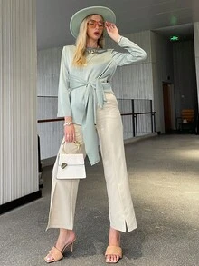 Sollinarry Pantalones con bolsillo oblicuo bajo con abertura - Caqui - Ver 3