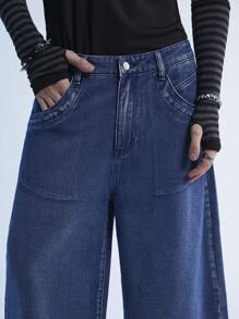 Manfinity Denimwave 男士Y2K復古寬鬆牛仔短褲，休閒風格 - 深色水洗藍 - 查看 4