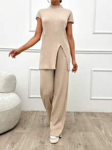 SHEIN Tall Cottnline Tank Top And Pants 2 Piece Set In High Spandex Ribbed Fabric, Stylish Buckle Decoration And Leisure - Apricot - View 3