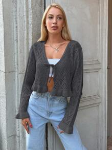 EURMUSE Tie Front Ruffle Hem Pointelle Knit Crop Cardigan - Dark Grey - View 3