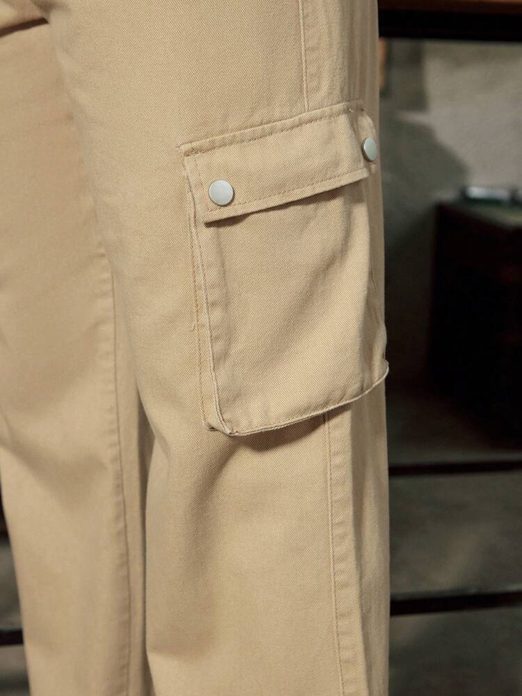 Men's Vintage American-Style Loose-Fit Beige Denim Workwear Pants With Multiple Pockets And Wide-Leg Design