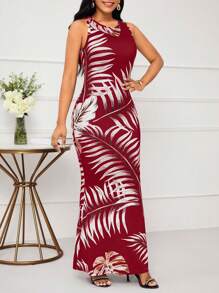 SHEIN Lady Vestido ajustado de fiesta de Navidad con estampado de plantas de vacaciones