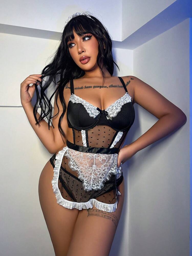 Plus Size Women's Splice Lace Butterfly Decor Sexy 3-Piece Set Including Cami, Pants, And Headband