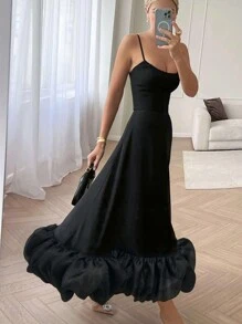 Ladies Summer Elegant Three-Dimensional Hem Cami Dress - Black - View 5