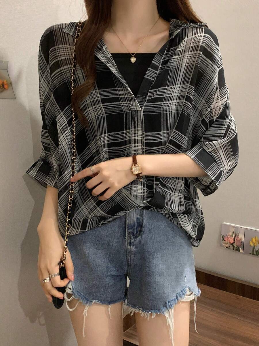 Blusa de cuadros de hombros caídos con top de tirantes - Negro - Ver 1