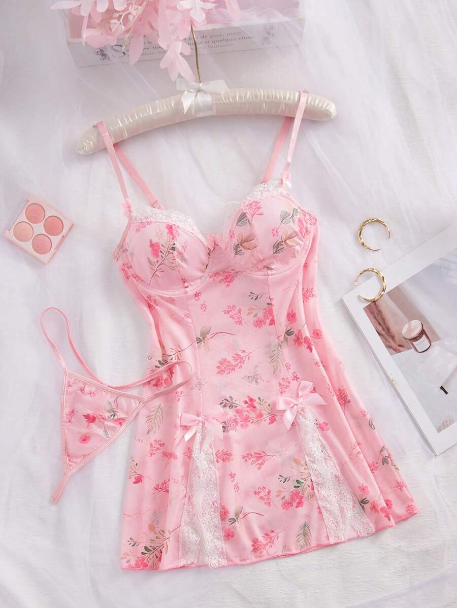 2pcs/Set Women's Floral Printed Contrast Lace Cami Sleep Dress And Thong Set Lingerie - Pink - View 1