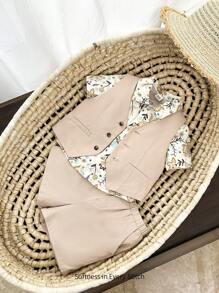 Cozy Pixies Conjunto de 3 piezas para bebé niño que incluye camisa polo de manga corta con estampado floral, chaleco de unicolor y pantalón corto informal - Albaricoque - Ver 3