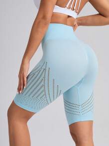 Slayform Solid Color Hollow-Out Seamless High Waist Sports Shorts - Baby Blue - View 2