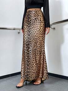 Glamine Falda larga tipo cola de sirena con estampado de leopardo para el atuendo de mujer