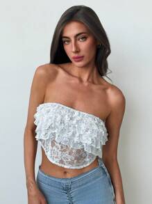 Aloruh Romantic Date Strapless Lace Crop Top With Multi-Layered Lace And Fishbone Fitted Design For Women