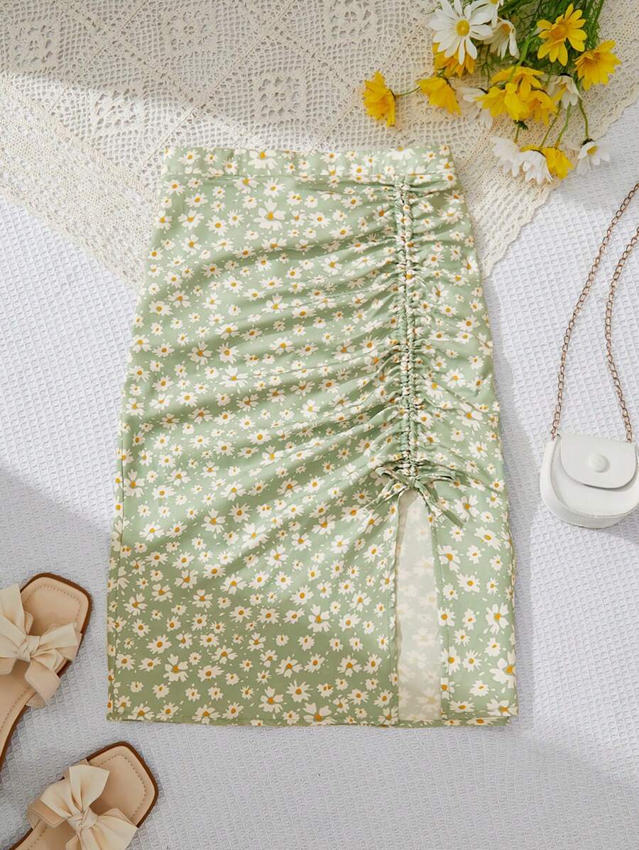 SHEIN Leap Crew Tween Girl Loose Casual Làm mới vùng quê Ditsy Váy hoa có dây thắt lưng và đường viền xẻ - Màu xanh Bạc hà - Xem 1